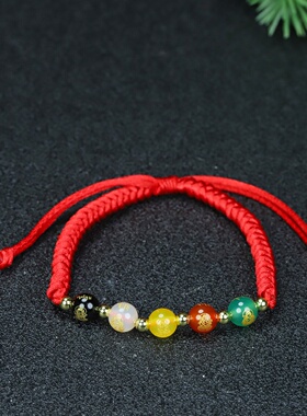 红绳手链女情侣款男本命年五路财神手工编织红色手绳礼物