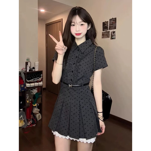 韩系复古假两件波点短袖连衣裙女夏季学院风穿搭收腰显瘦a字短裙