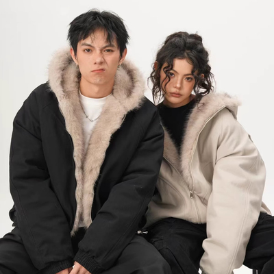 BWKA座山雕加厚毛领棉服女冬季美式重磅加绒保暖帆布工装外套情侣