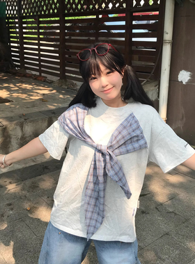 文文不乖 美式复古蝴蝶结格子绑带短袖T恤女夏季宽松显瘦半袖体恤