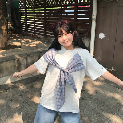 文文不乖 美式复古蝴蝶结格子绑带短袖T恤女夏季宽松显瘦半袖体恤