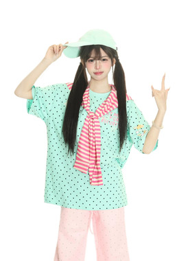 小杭还没吃饱原创美式满印星星多巴胺短袖可拆卸条纹披肩男女重磅