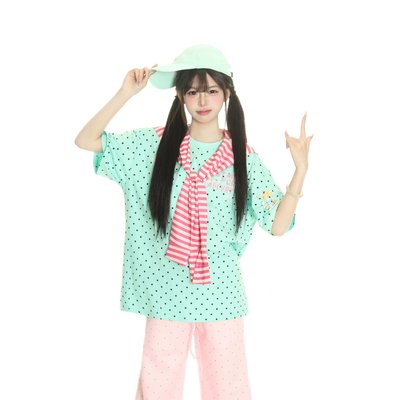 小杭还没吃饱原创美式满印星星多巴胺短袖可拆卸条纹披肩男女重磅