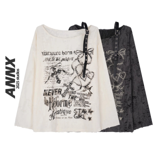 ANNX2025美式甜酷辣妹露肩印花防晒罩衫女夏季破洞宽松慵懒风长袖