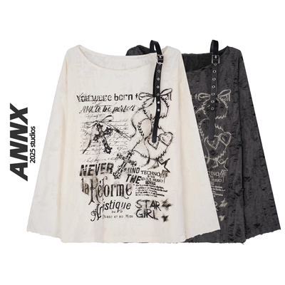 ANNX2025美式甜酷辣妹露肩印花防晒罩衫女夏季破洞宽松慵懒风长袖