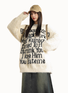 0123Start 美式字母慵懒中性风毛衣女宽松秋冬情侣针织衫上衣外套