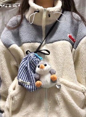 SENCE LA潮牌撞色抽绳羊羔绒开衫卫衣外套男情侣装宽松羊羔毛夹克