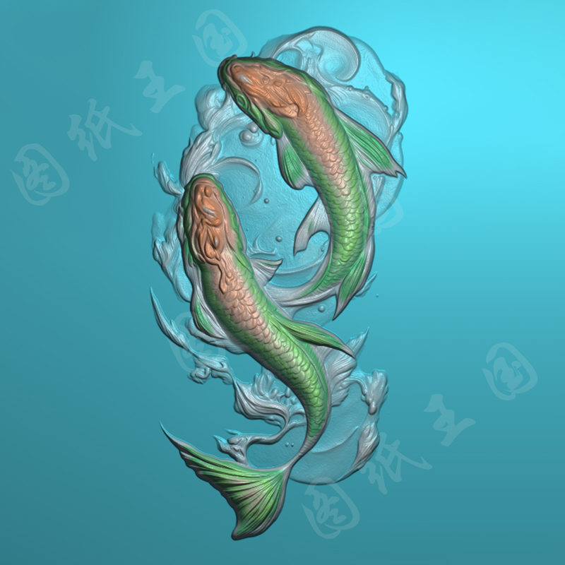 J0054双鱼jdp精雕图锦鲤bmp灰度图鲤鱼浮雕图纸玉雕木雕连年有余