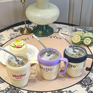ins风高颜值不锈钢吸管玻璃杯办公室把手杯家用水杯便携式咖啡杯