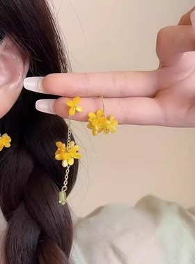 超仙黄色桂花珍珠耳环女春季小清新甜美气质耳坠小众设计感耳饰品