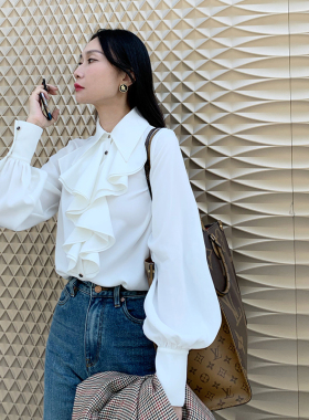 ms meego宫廷复古法式伯爵衬衣宽松荷叶边翻领白色灯笼长袖衬衣女