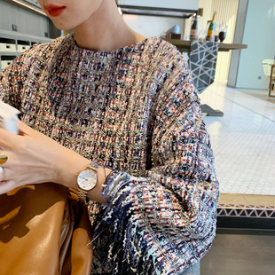 meego法国进口小香面料流苏宽松长连衣裙小礼服遮肉显瘦秋冬女