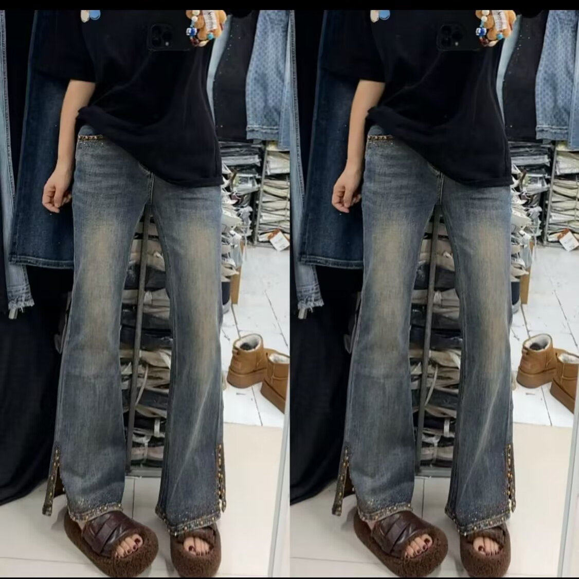 重工铆钉开叉微喇裤时尚长裤