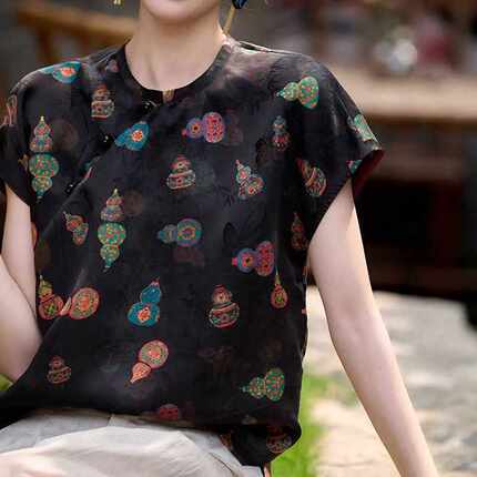 红云纱真丝葫芦印花 桑蚕丝新中式国风上衣 2026夏季女真丝上衣