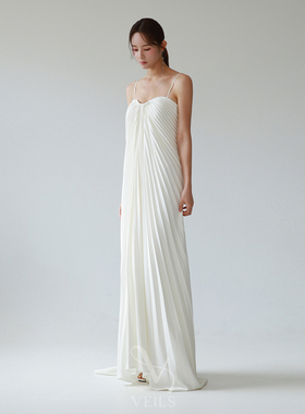 Veils设计师款白色百褶飘纱拖尾轻婚纱气质显瘦品质感礼服晨袍