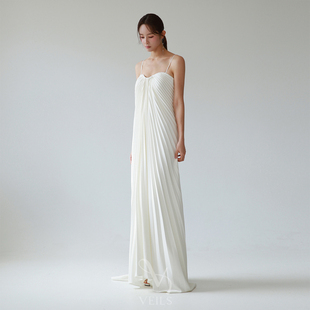 Veils设计师款白色百褶飘纱拖尾轻婚纱气质显瘦品质感礼服晨袍