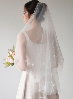 Veils新款白色双层小清新花朵珍珠头纱新娘领证户外婚礼森系头饰