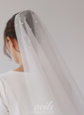 Veils复古简约双层珍珠头纱白色新娘结婚头饰领证婚礼拍照道具