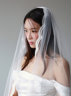 Veils复古波浪蕾丝边长款单层拖地头纱新娘教堂婚礼高级手缝发饰