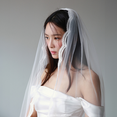 Veils波浪蕾丝边单层拖地头纱