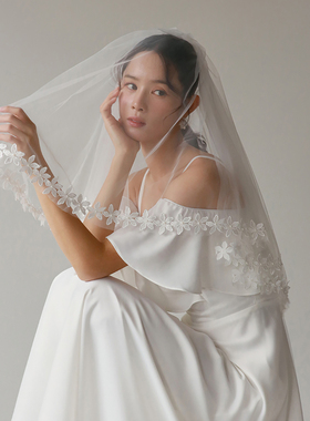 Veils精工手缝蕾丝珍珠花朵绣边复古新娘头纱婚礼领证头饰