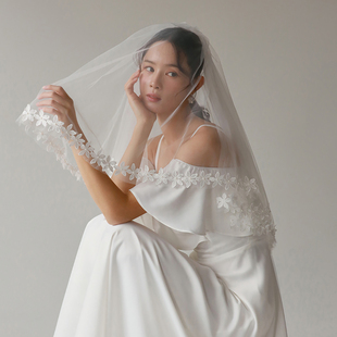 Veils精工手缝蕾丝珍珠花朵绣边复古新娘头纱婚礼领证头饰