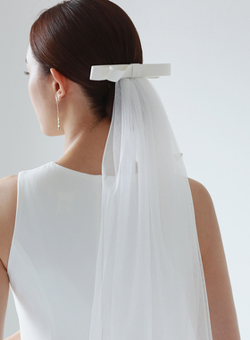Veils简约白色双层厚缎蝴蝶结头纱中长款新娘头饰领证婚礼拍照