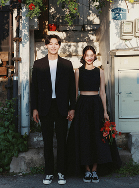 Veils设计师款甜酷黑色提花两件套露脐显瘦无袖高腰轻婚纱