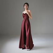 Veils简约复古酒红色醋酸缎面修身 显瘦吊带裙晚宴派对礼服敬酒服