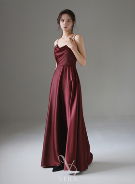 Veils简约复古酒红色醋酸缎面修身显瘦吊带裙晚宴派对礼服敬酒服