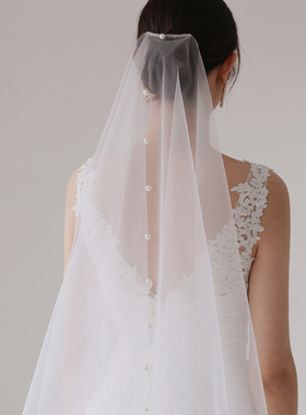 复古简约白色双层珍珠头纱中长超长拖尾新娘婚礼婚纱拍照道具头饰
