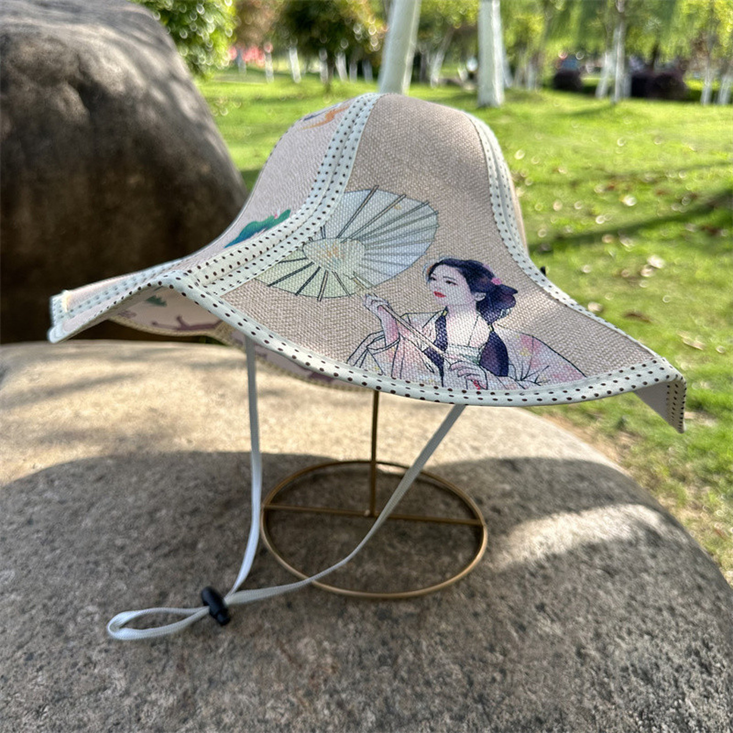 女士草帽民族风可折叠印花帽圆顶大檐麻布六角帽休闲防晒遮阳帽子
