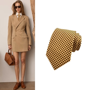 复古黄色格纹手打领带配饰棕色男女通用无性别穿搭礼盒装