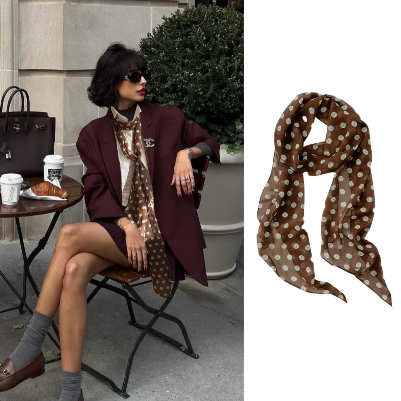 超长复古咖棕色绿圆点飘逸雪纺丝巾长条薄纱围巾