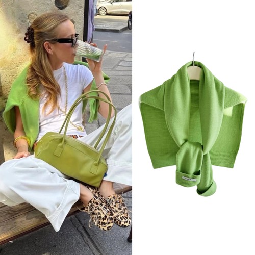 wemi苹果绿小众仿毛衣筒袖子披肩纯色毛线针织女保暖外搭坎肩