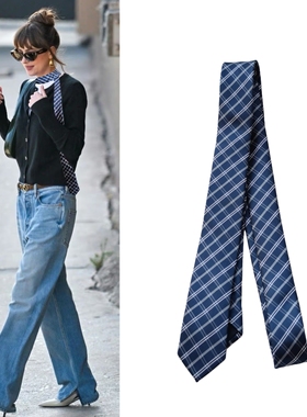 质感棒！miu风蓝色格纹时尚领带5公分窄版女休闲百搭装饰