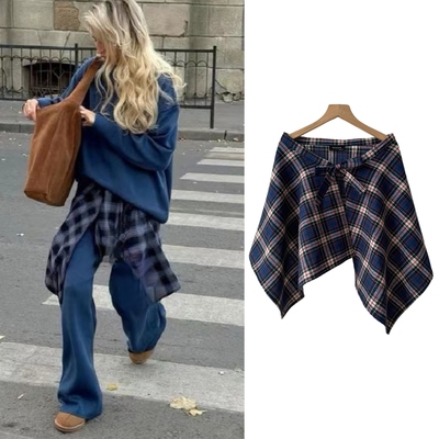 新款复古格子屁帘一片式遮臀裙罩瑜伽裤遮挡卫衣打底腰部装饰男女