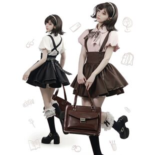 栗子糖糕 日系甜美学院风穿搭设计感泡泡袖衬衫双排扣背带裙套装