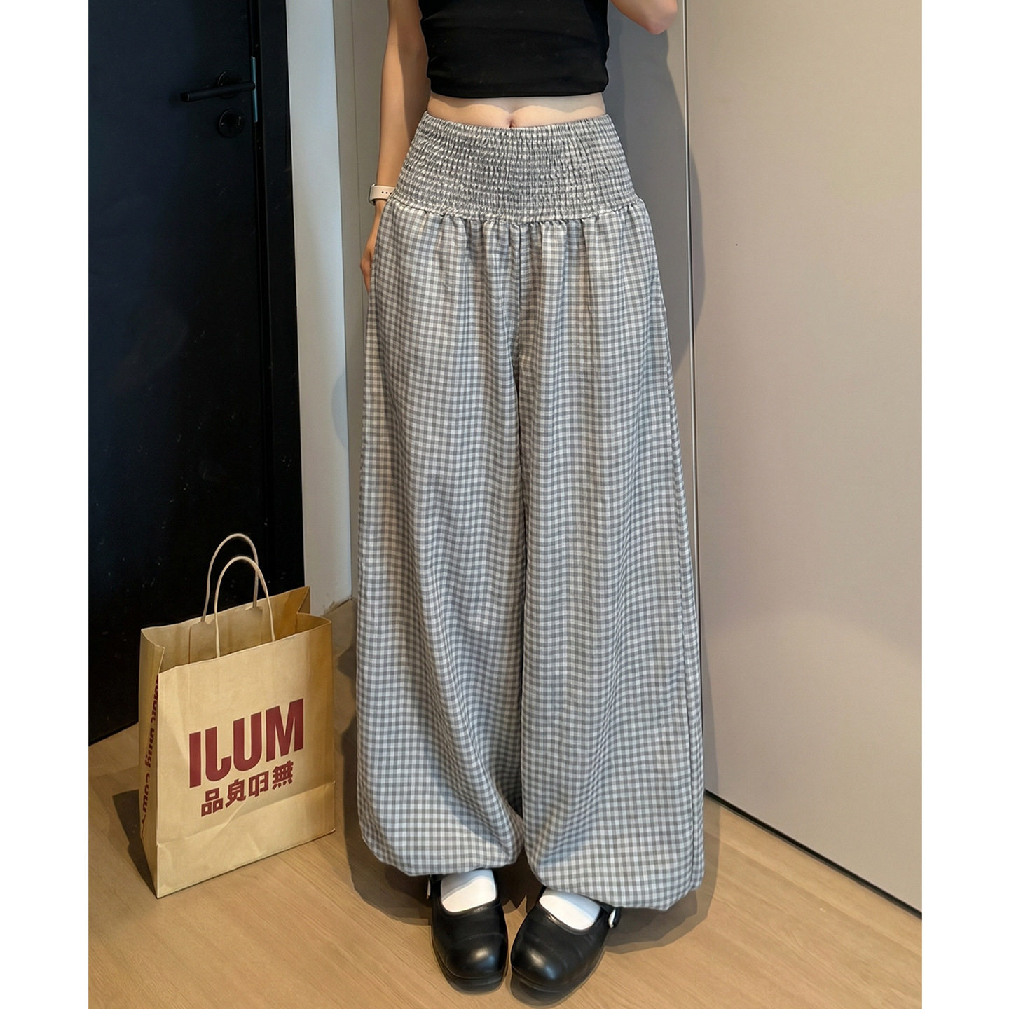 慵懒风灰色撞色格子裤高腰休闲裤女夏季新款宽松阔腿裤显瘦灯笼裤