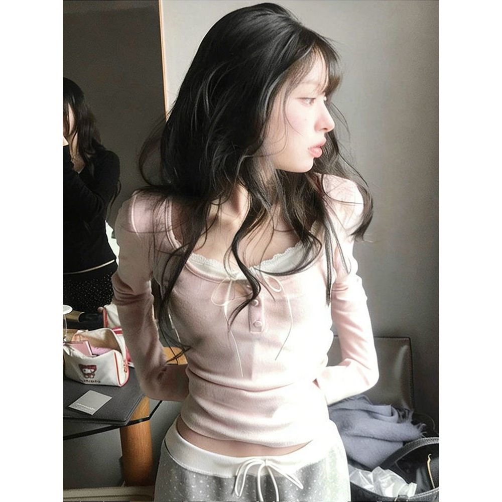 韩系温柔纯欲风蕾丝蝴蝶结长袖T恤女秋冬收腰修身显瘦假两件上衣