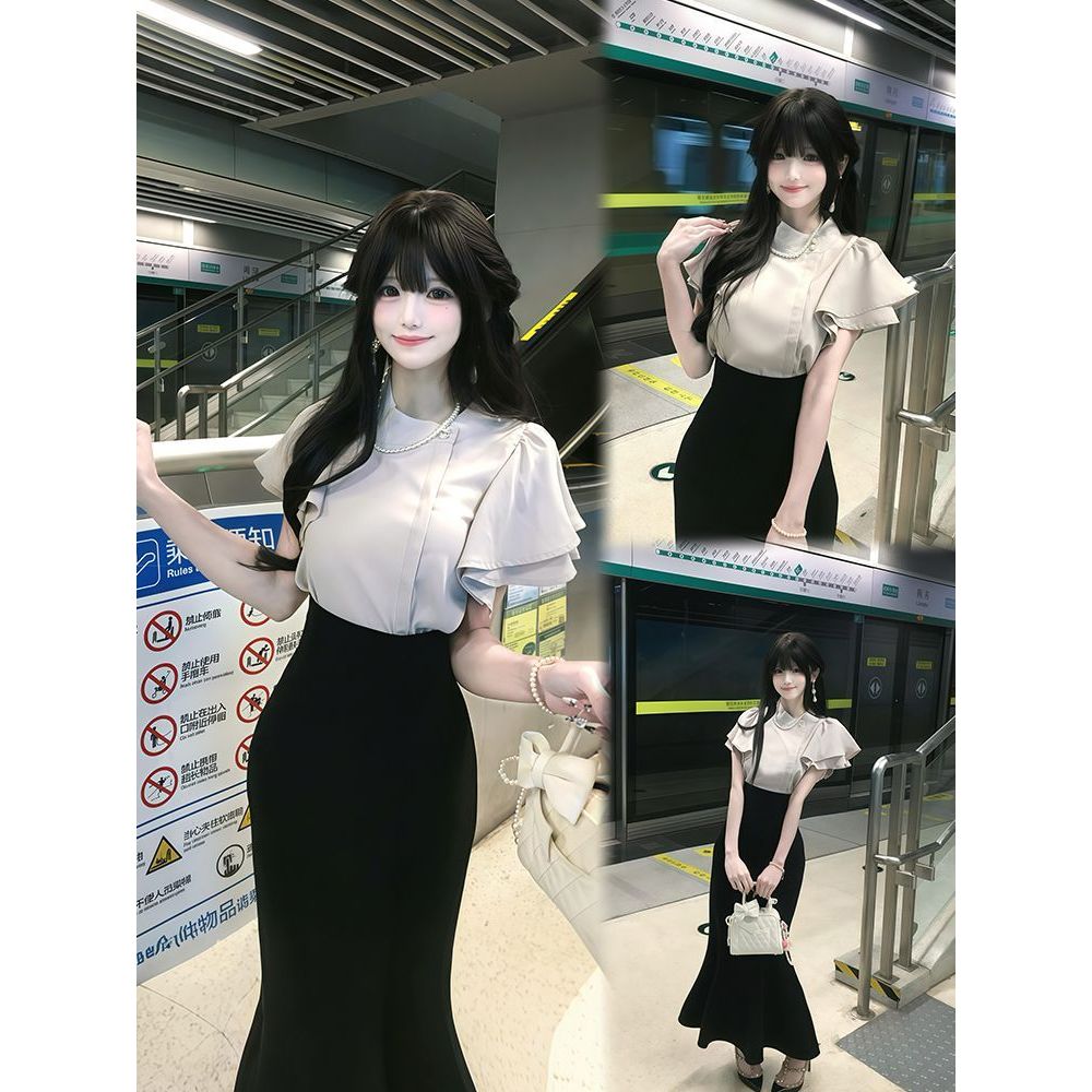 珍珠与黑 清楚系日系甜美上衣+黑色鱼尾半裙两件套夏季新款女