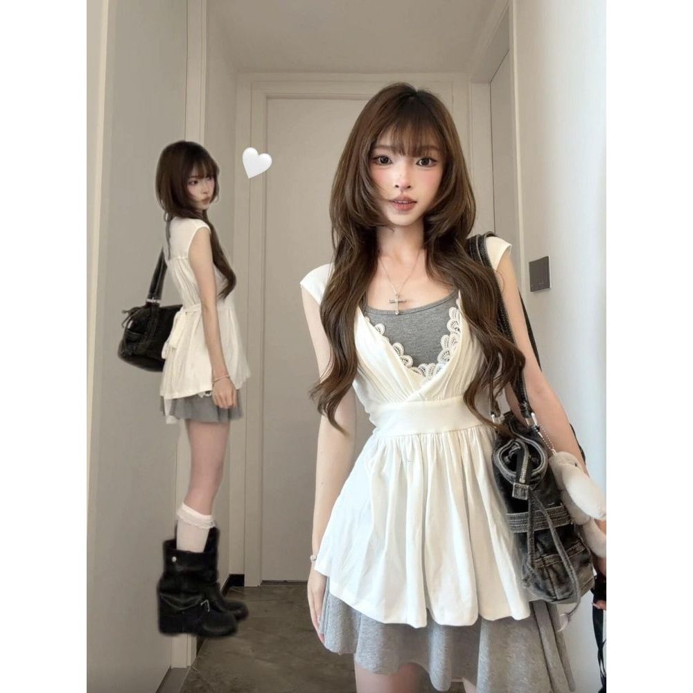 韩系少女感时尚套装夏季新款淡人感内搭甜美风上衣半身短裙三件套