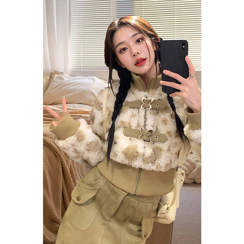 【芥辣甜心】美式复古高腰显瘦毛绒皮扣外套套装长裙冬季新款