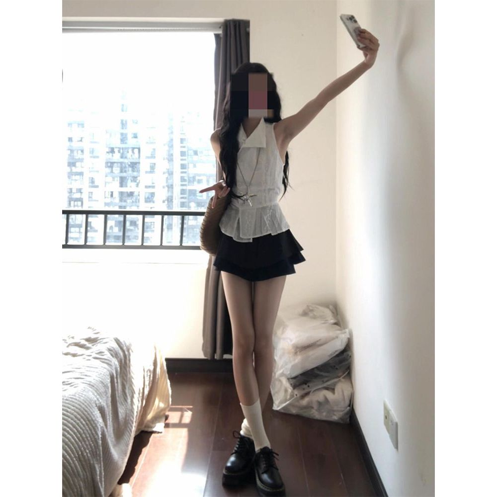 椰树岛 通勤风设计感小众白色无袖衬衫女百褶蛋糕裙修身显瘦套装