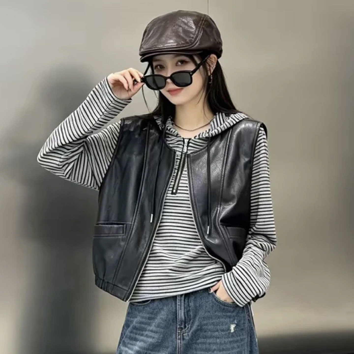 秋季女显瘦条纹连帽马甲两件套