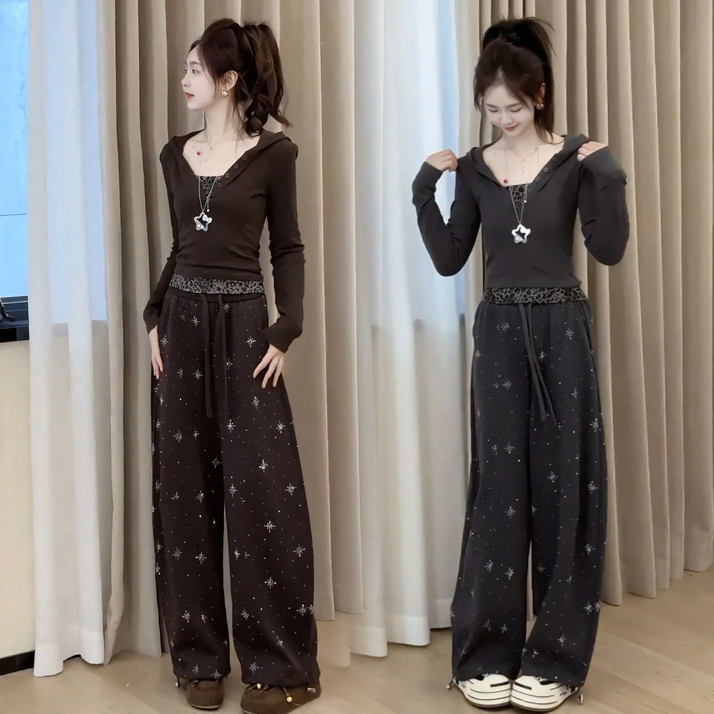 秋季女连帽阔腿显瘦星星假两件套