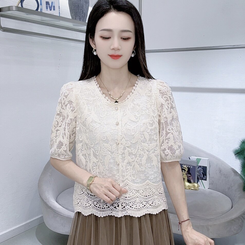 夏季蕾丝短袖女衬衫优雅百搭