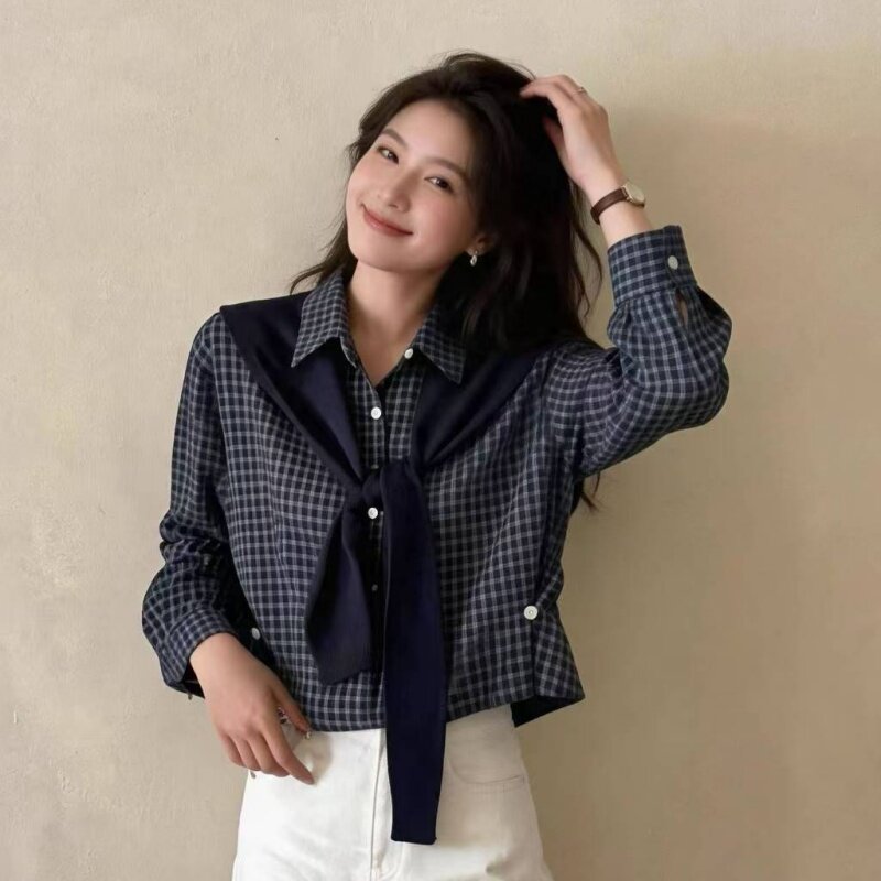 学院风格子抽绳减龄百搭衬衫女