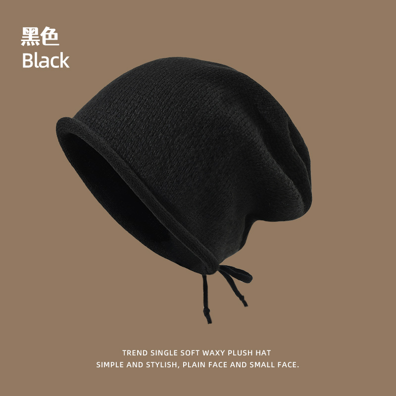 堆堆帽抽绳式针织毛线帽子女秋冬季大头围百搭包头冷帽网红显脸小