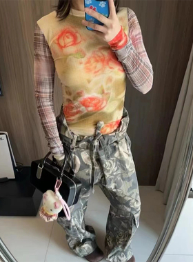 OPEN YY2024春夏新款设计师品牌花朵印花网眼格纹拼接T恤打底上衣